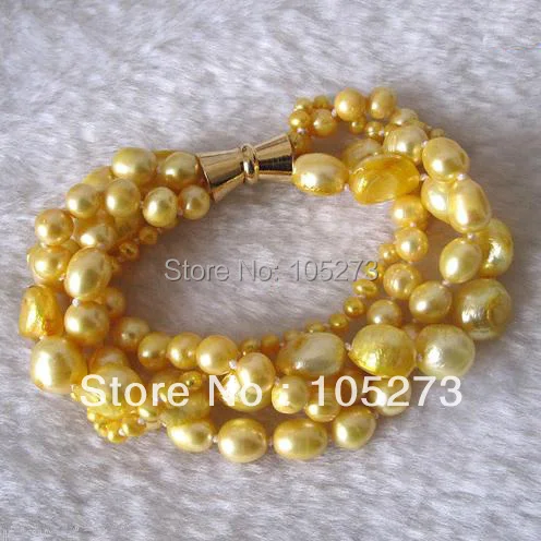 

New Arriver Chirstmas Party Gift Jewellery ! 8inch Freshwater Pearls Bracelet 4-10mm Golden Baroque Off Round 4Rows Magnet Clasp