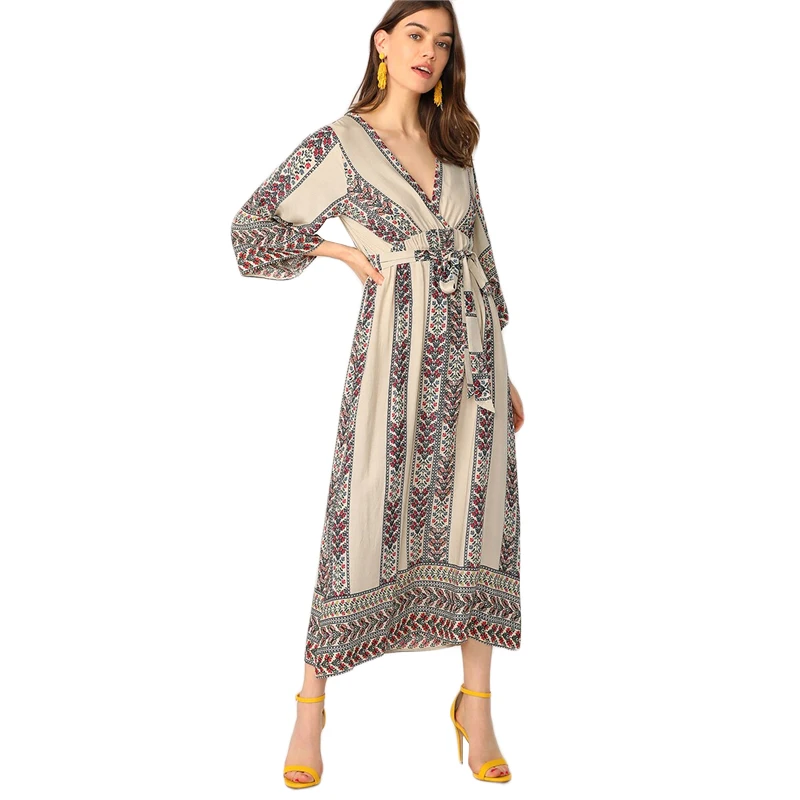 Sheinside Boho платье с v-образным вырезом и цветочным принтом для женщин летние прямые платья с высокой талией и поясом дамское платье с рукавом 3/4
