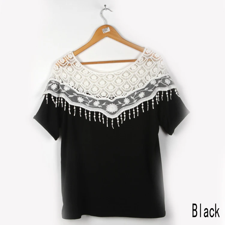 Новинка ажурная женская футболка с кружевами вырезом лодочкой кисточками