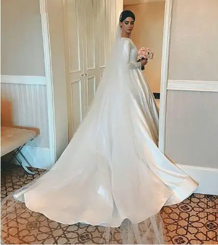 Unique Designed Satin Wedding Dresses Modest Long Sleeve Beteau Neckline Court Train Bridal Gowns Formal Robe de mariage | Свадьбы и