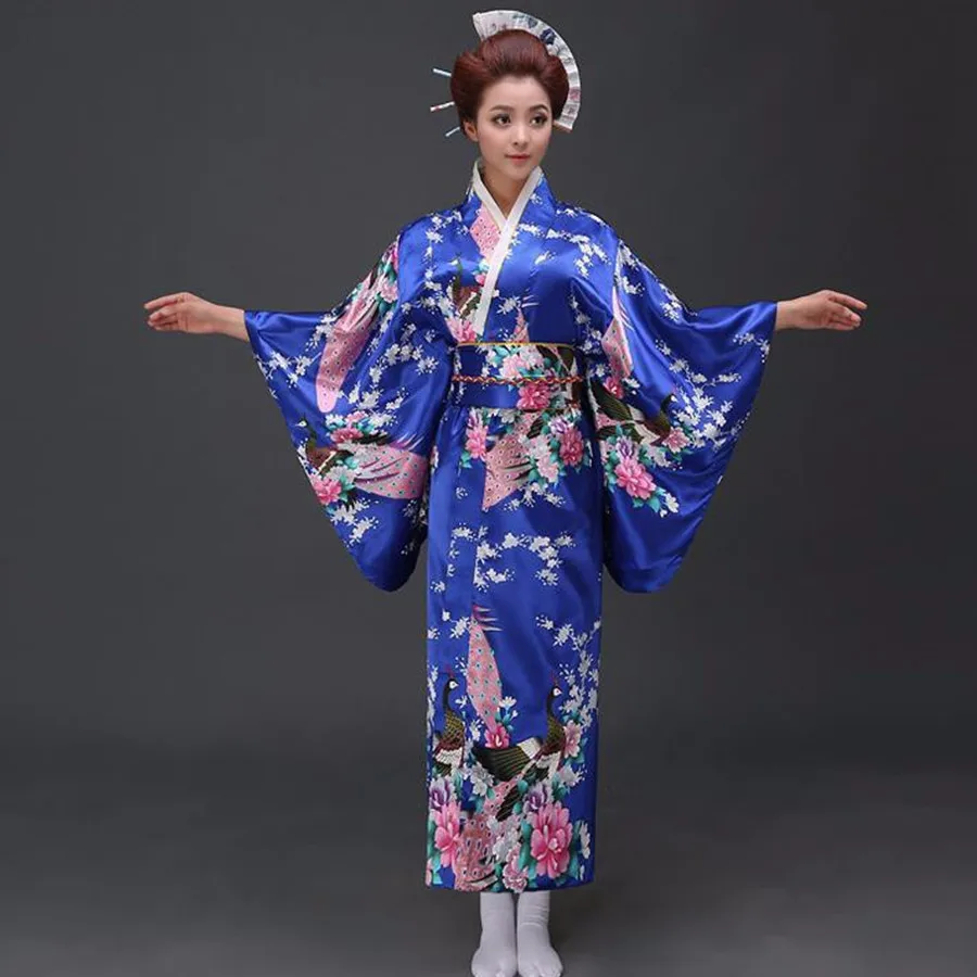 Black peafowl Japanese Kimono Women's Polyester Satin Yukata Evening Dress Haori With Obi One Size | Тематическая одежда и
