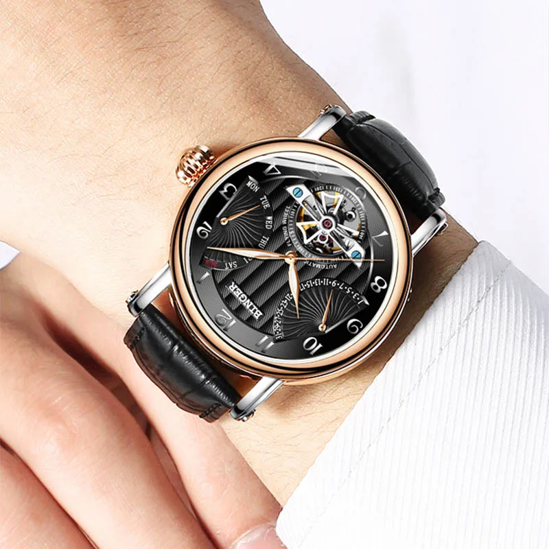 Швейцарские BINGER Tourbillon автоматические часы для мужчин s Механические Многофункциональные часы Лидирующий бренд Роскошные сапфировые мужские часы Relogio - Цвет: Rose gold Black