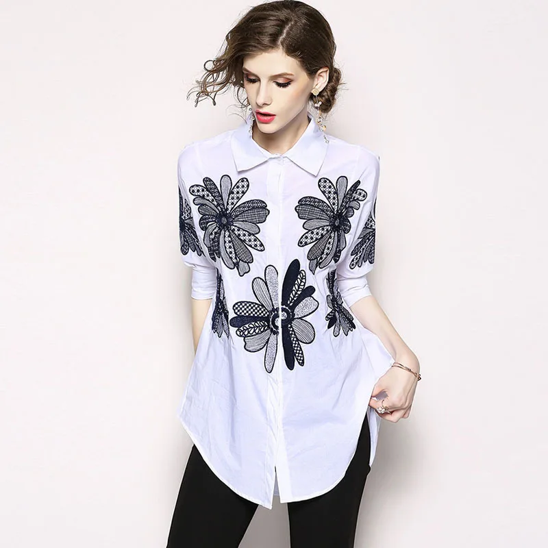 VERHELLEN High Quality Fashion 2020 Autumn Runway Designer Shirt Women's 3/4 Sleeve Flower Embroidery Casual Loose Blouse Shirts | Женская