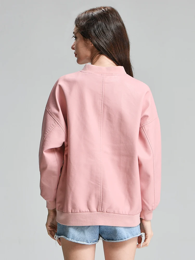 

FTLZZ Ladies Motorcycle Leather Jackets Women O Neck Zipper Slim Black Pink Motor Biker Jacket Female Bomber Jackets