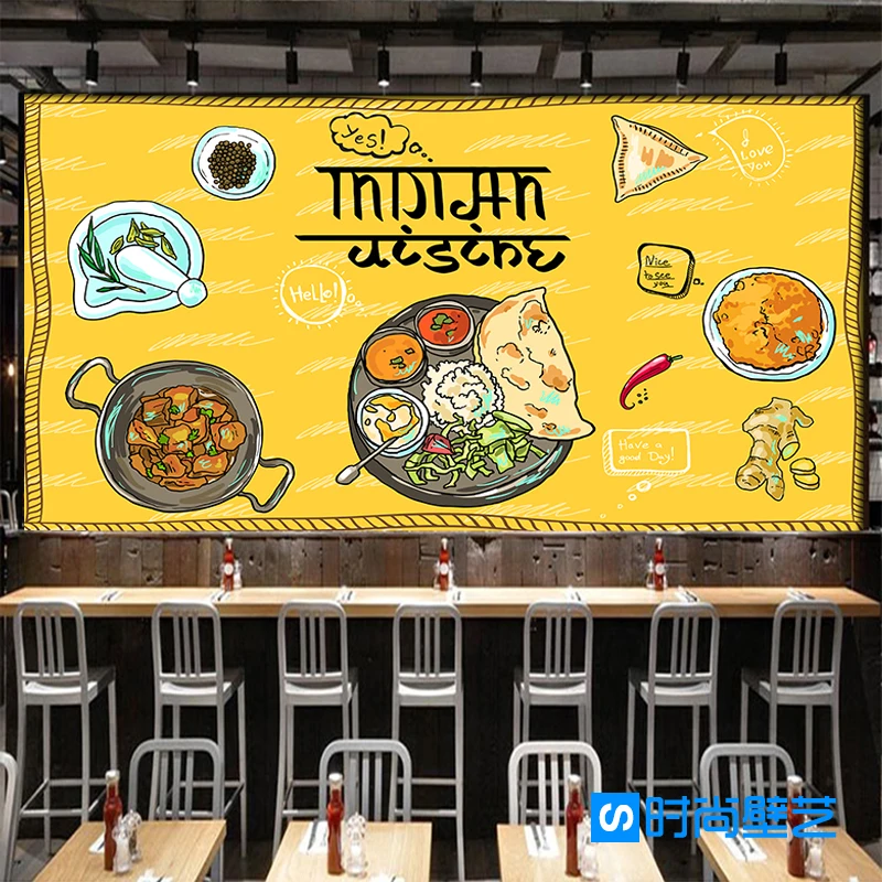 

Custom 3d mural modern India food cultural wallpaper restaurant Hotel cafeteria Snack shop decoration yellow wallpaper mural