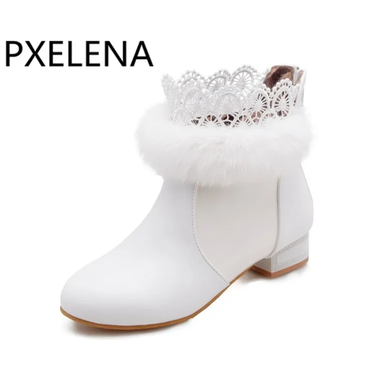 PXELENA/милые короткие ботинки для девочек белые Ботильоны на низком квадратном каблуке с кружевными оборками и искусственным мехом Женская Повседневная Удобная зимняя обувь