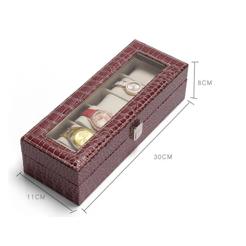 

6 Slot Leather Watch Box Display Case Organizer Glass Jewelry Storage Black Luxury Design Men Women Watches Display Case