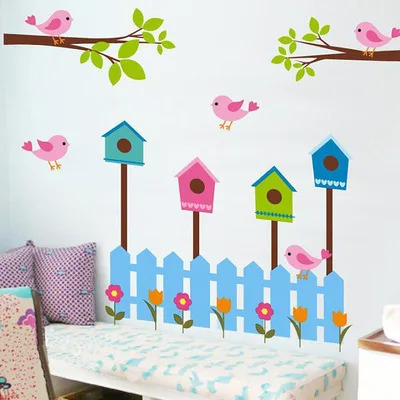DIY Cartoon Bamboo Fence Garden Home Decal Wall Sticker Flower Tree Kids Room Decor Stickers Birds Nursery Poster | Дом и сад