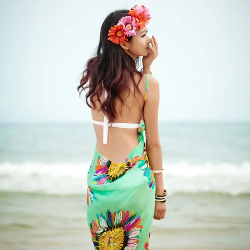 Womens Bohemian Spaghetti Strap Sexy V Neck Backless Bikini Cover Up Colored Sunflower Print Wrapped Beach Dress Bathing Suit|Женские