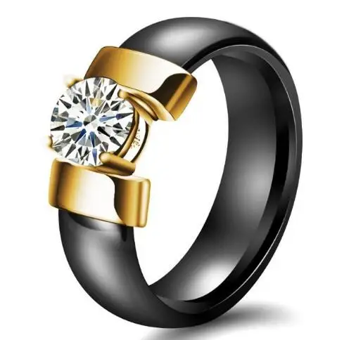 Новое черное керамическое свадебное кольцо 6 мм Ширина Белый Bling плюс кубический цирконий для женщин Нежный кабошон гладкие обручальные кольца для мужчин - Main Stone Color: Black Gold Ring