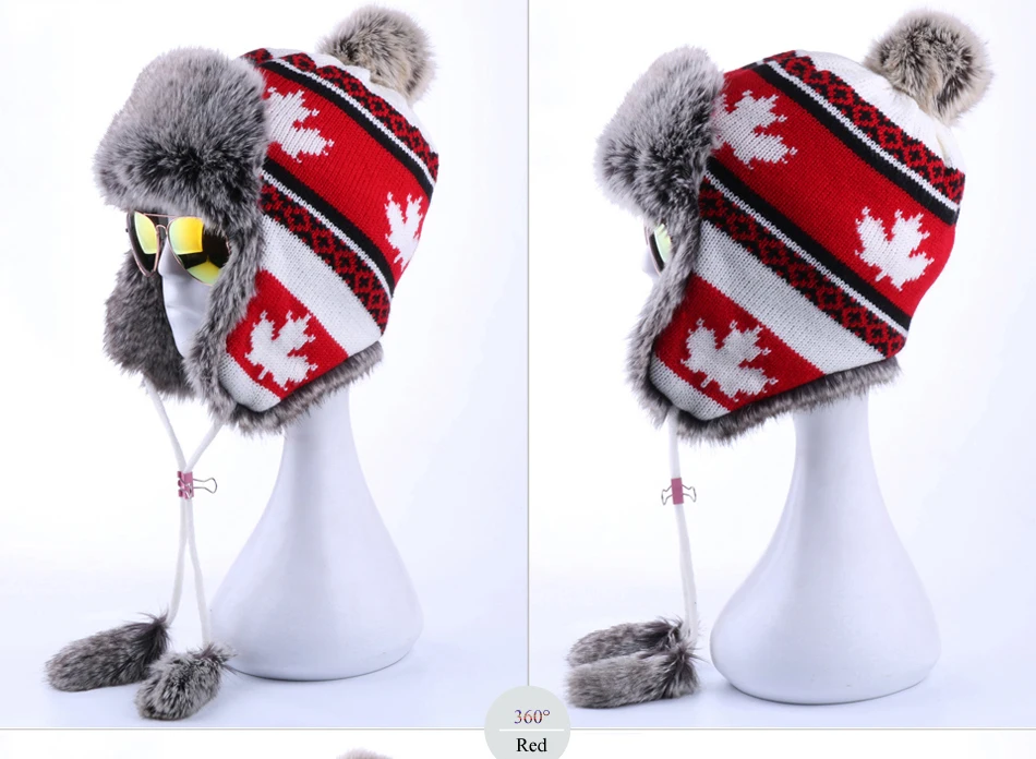 Women Faux Fox Fur Pompom Russian Ushanka Wool Knitted Earflap Bomber Trapper Hat Winter Snow Ski Cap Maple Leaf Pilot Trooper