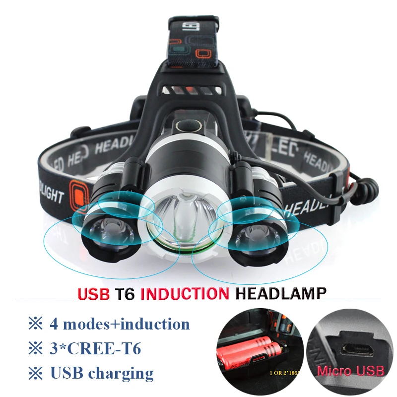 Мощный светодиодный налобный фонарь ИК Индукционная фара XML T6 Micro USB 18650 для