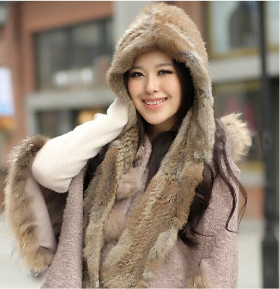 GTC153 2014 зимний теплый милый вязаный из меха кролика шарф с капюшоном для девочек