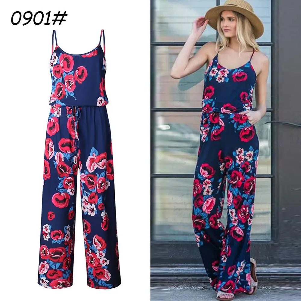 0901 Navy Blue Sparsil Женская мода брючный костюм с бретельками Ретро Цветочный Принт Свободные цельные брюки летние пляжные сексуальная одежда комбинезон - Цвет: 0901 Navy Blue