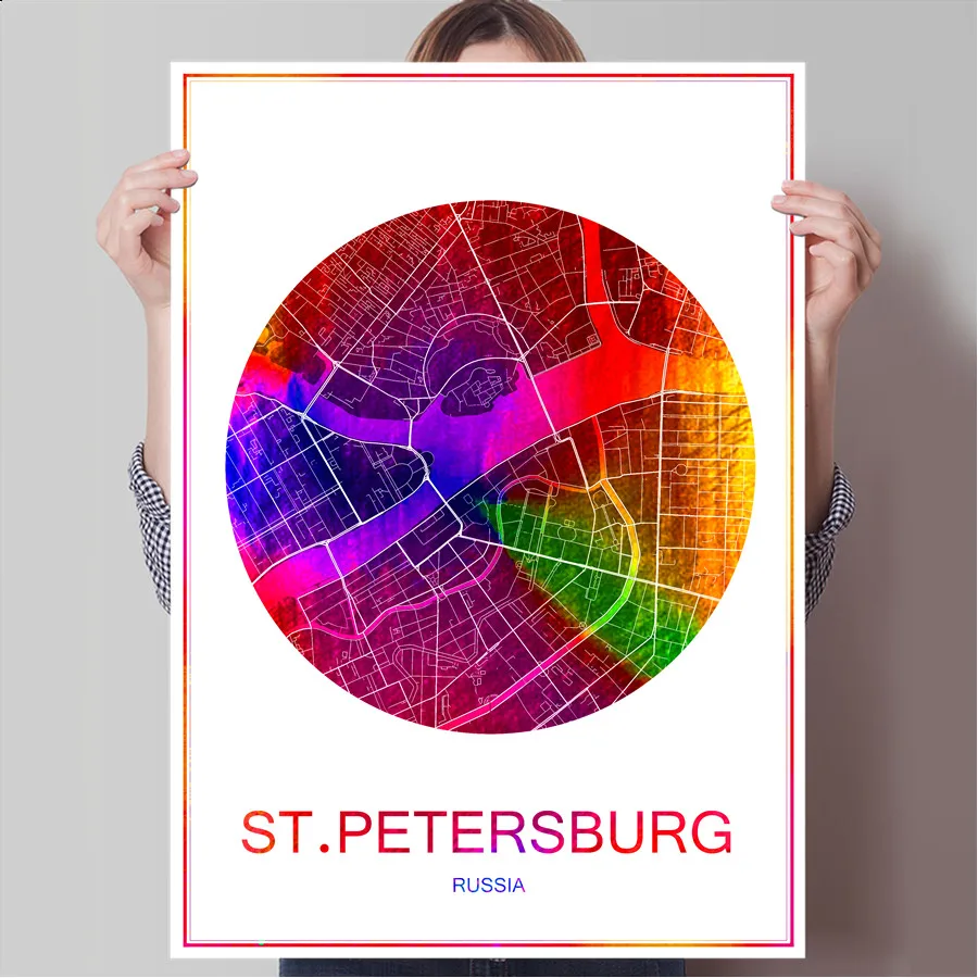 Карта всемирно известных городов Санкт Петербург Российская Печать Постер