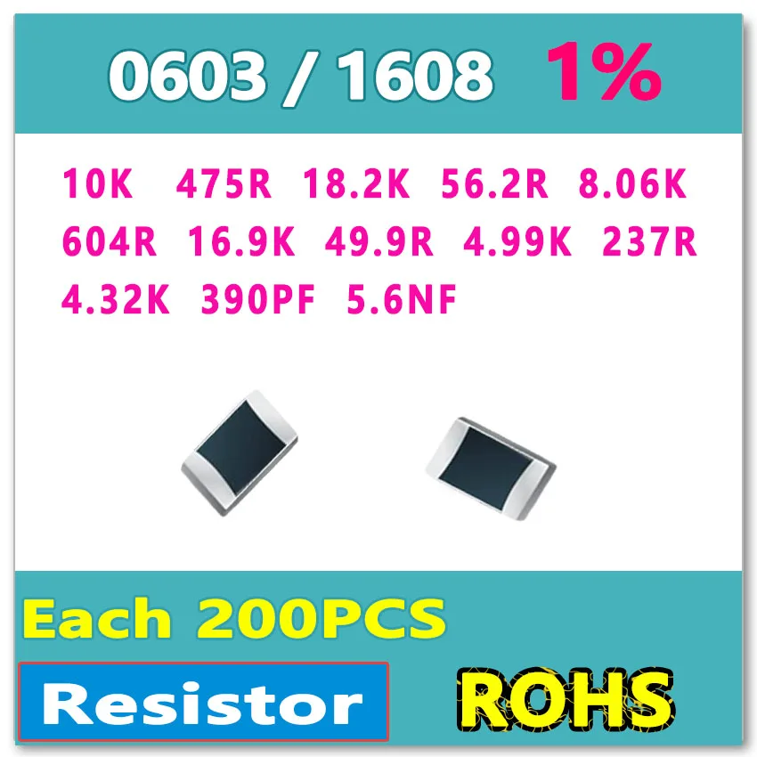 

0603 1608 10K 475R 18.2K 56.2R 8.06K 604R 16.9K 49.9R 4.99K 237R 4.32K 390PF 5.6NF Each 200PCS