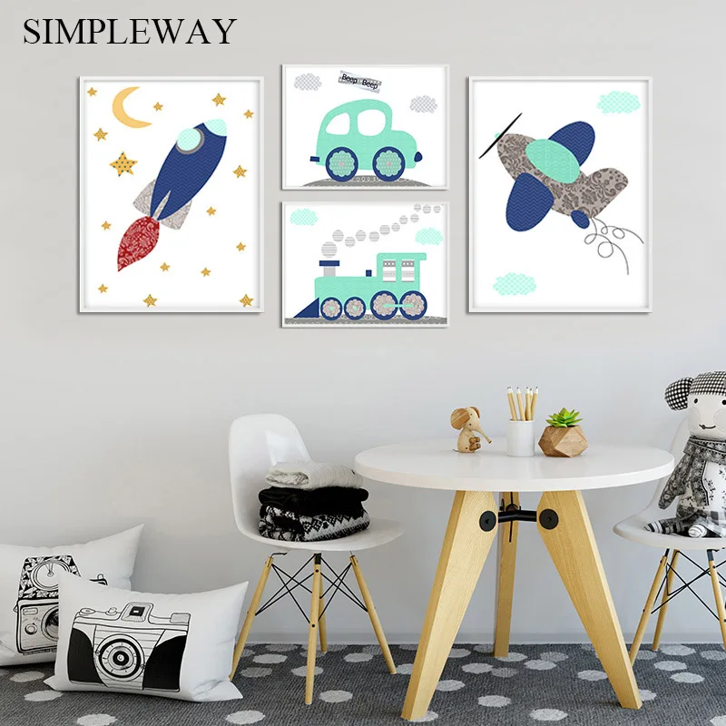

Airplane Vehicle Car Nursery Poster Simple Print Wall Art Canvas Spaceship Picture Painting Nordic Kids Boy Bedroom Decoration