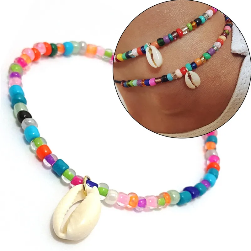 PINKSEE Bohemian Charm Beach Anklet Colorful Mixed Color Bead Nature Shell Foot Chain Ladies Simple Single Layer Jewelry | Украшения и