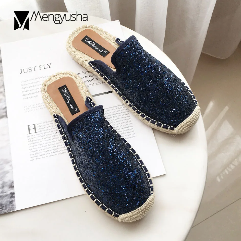 Синий/золотой блеск Эспадрильи женские босоножки яркая бижутерия закрытые