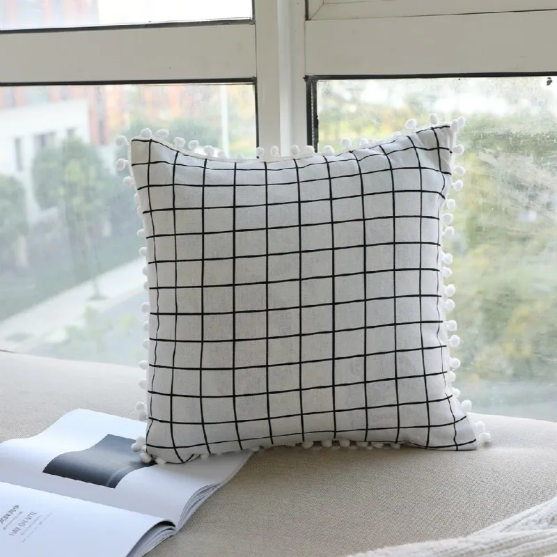 White Plaid Современный чехол для подушки с кисточками и помпонами, однотонный полосатый геометрический чехол для подушки, модный универсальный чехол для подушки - Цвет: White Plaid