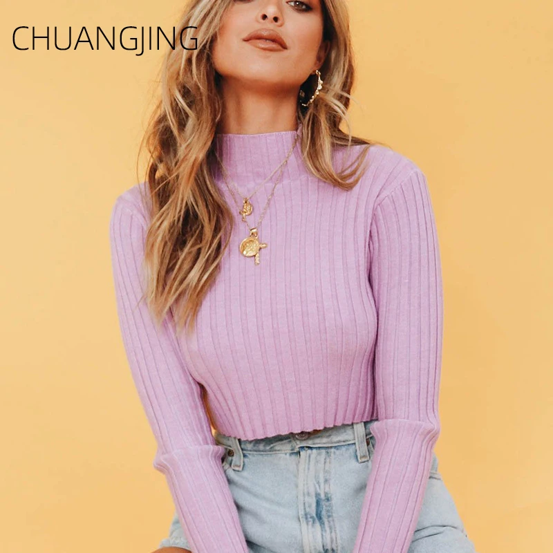 Casual Autumn Winter Knitted Sweater Women 2019 New Fahion Solid Pink Turtleneck Long Sleeve Ladies Streetwear | Женская одежда