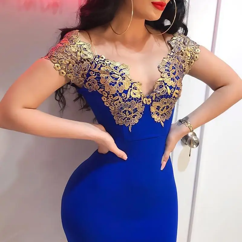 

Women Blue Lace Insert Bodycon Dress Short Sleeve Summer Dress Ladies Elegant Party Mini Dresses Vestidos