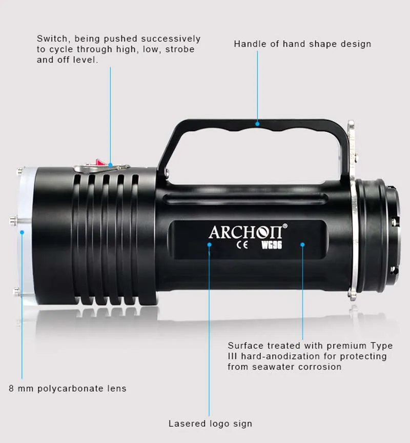 Портативный фонари карманный фонарик для дайвинга ARCHON DG90 WG96 SST-90 светодиодный подводного погружения поиск светильник 2200LM Водонепроницаемый фонарь