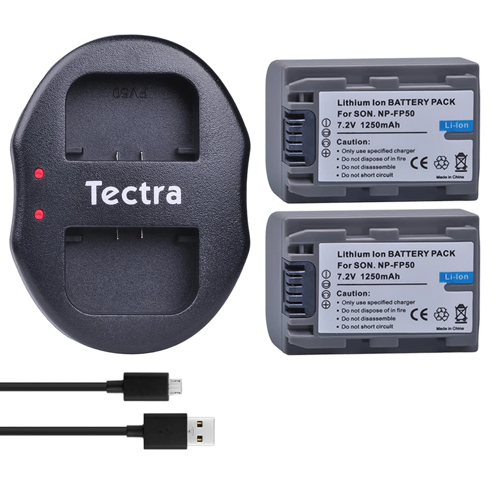 

Аккумулятор Tectra NP-FP50, 2 шт., зарядное устройство на два USB-порта для Sony DCR-HC30, 40, 43E, 65, 85, 94E, 96, DCR-SR30, 40E, 50E, 60E, 70E, 80E, 100