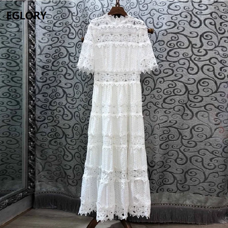 Женское длинное платье с оборками на воротнике белое ажурное макси из хлопка