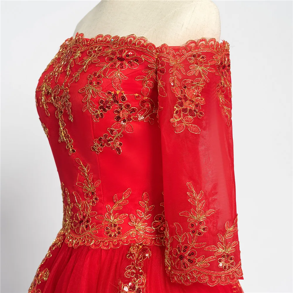 

Red Vestido De Noiva Wedding Dresses Ball Gown Half Sleeves Tulle Appliques Lace Plus Size Wedding Gown Bridal Dresses