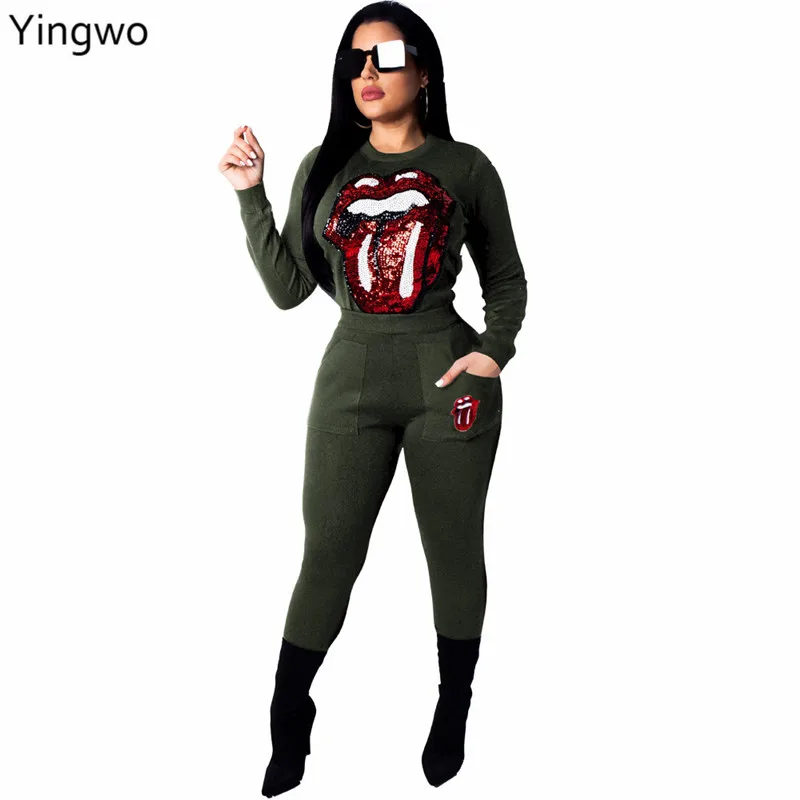 Sequined Red Lips Pattern Fashion Women Set Casual O Neck Long Sleeve Tops Elastic Waist Skinny Leggings Suit Two Pieces Online | Женские