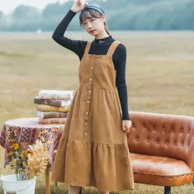 ginger Yellow Японский сарафан Mori girl, осенне-зимняя теплая одежда, женский жилет без рукавов, Длинные вельветовые платья на бретельках, S-XL - Цвет: ginger Yellow