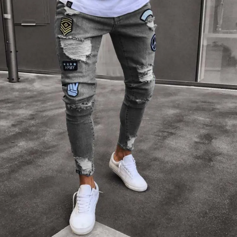 Stylish мужские стильные рваные джинсы брюки байкерские узкие прямые потертые джинсовые брюки Новые Модные узкие джинсы Мужские штаны