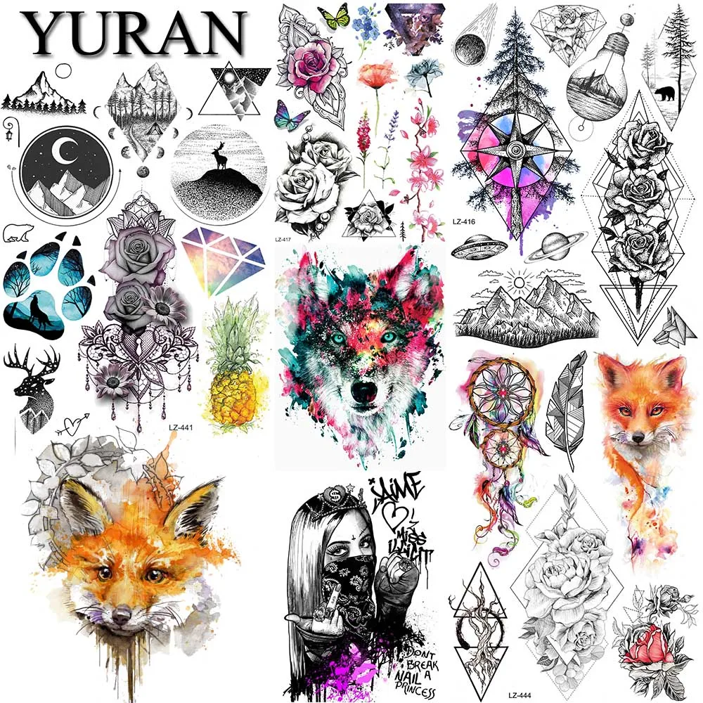 

YURAN Watercolor Rose Flower Wolf Temporary Tattoos Stickers Women Chains Dream Catcher Fox Tattoo Fake Waterproof Arm 3D Tatoos