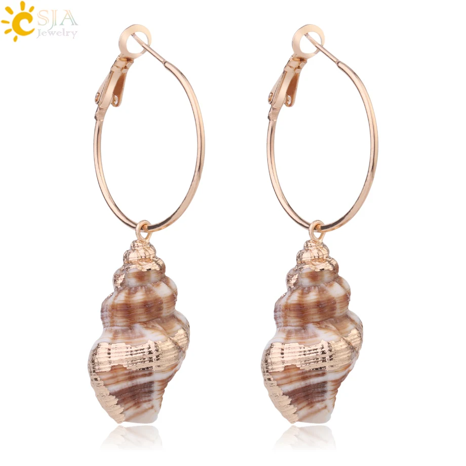 Женские серьги кольца CSJA Boho маленькие обручи золотистого цвета с натуральным