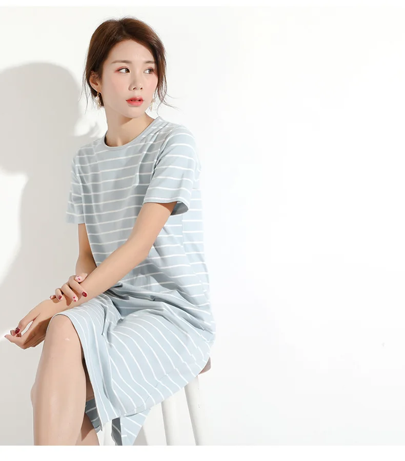 Fdfklak Women nightgown short sleeve summer nightshirt casual cotton night gowns female striped dress ladies sleepwear | Женская одежда