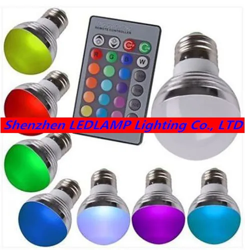 

E27 3 Вт RGB светодиодные лампы 16 видов цветов Сменные 85-265 в светодиодные RGB лампы с пультом дистанционного управления 100 шт./лот, DHL Бесплатная д...