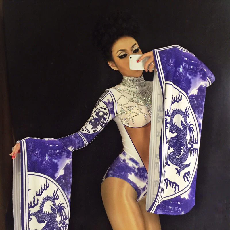Stage Chinese Style Bodysuit Nightclub Party Celebrate Costume Stage Wear Clothing DJ Singers Dancer Bodysuit Bling Women Outfit