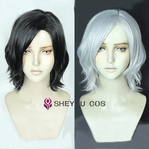 Теплостойкий парик для косплея Vitale V, короткие черные и белые волнистые волосы для костюма, с шапочкой