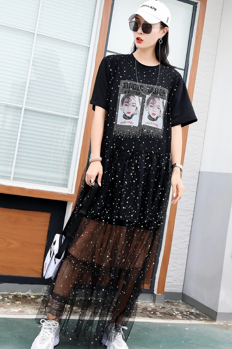European station tide brand niche print sequin mesh stitching short-sleeved T-shirt female fashion fairy cake skirt summer | Женская