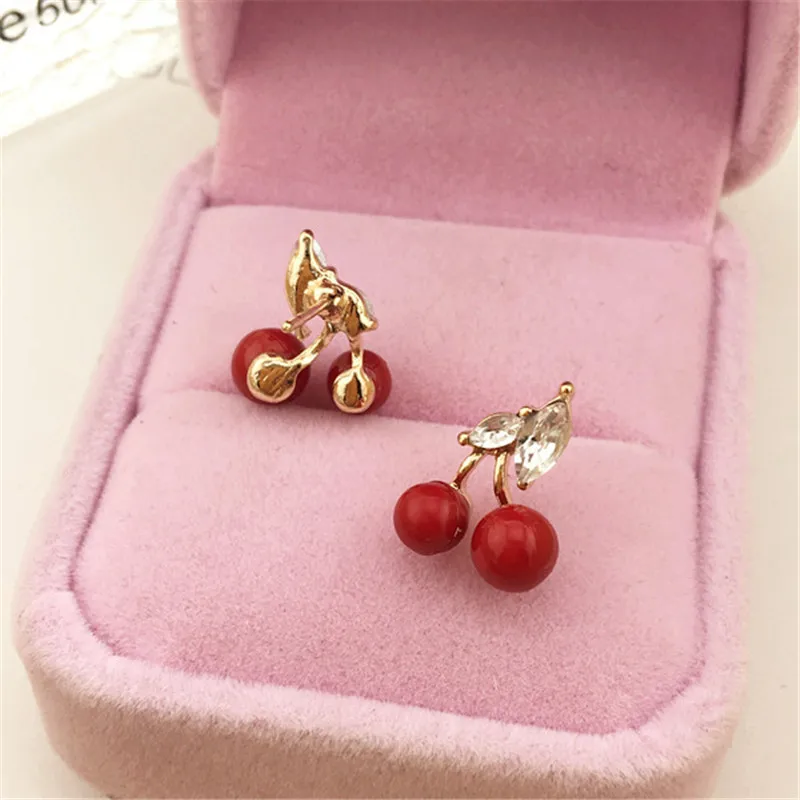 Женщины Стразы стад серьги double side Симпатичные red cherry Корейский стиль