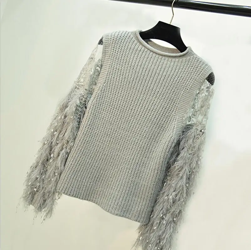 gray TWOTWINSTYLE свитер с кисточками женский кружевной лоскутный ажурный рукав-фонарик вязаный пуловер с круглым вырезом джемпер Весенняя мода - Цвет: gray