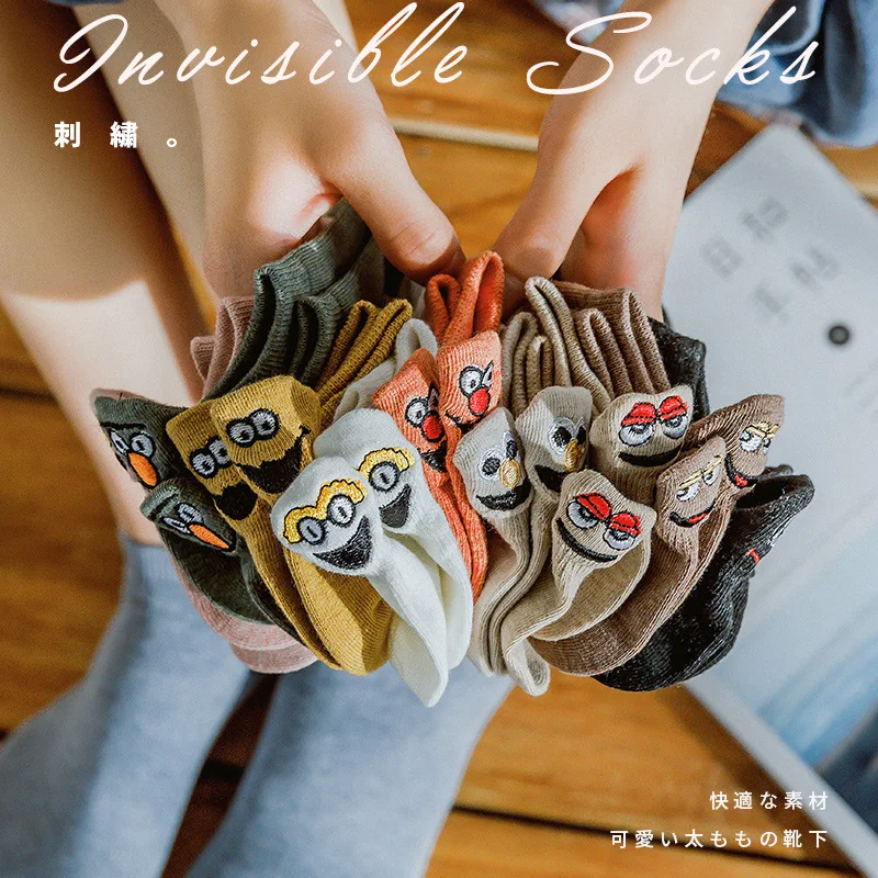 Kawaii Embroidered Expression Women Socks Happy Fashion Ankle Funny Socks Women Cotton Summer 1 Pair Candy Color