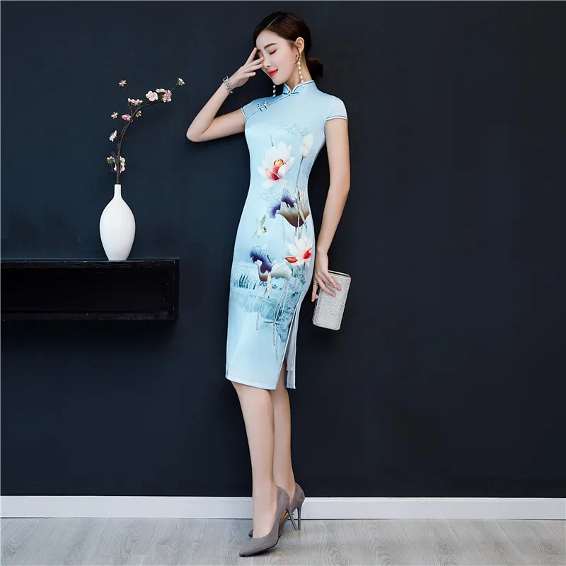 Spring Summer Fashion Flower Cheongsam Long Dresses Blue Elegant Slim Qi Pao Women Chinese Traditional Dress Plus Size Qipao |
