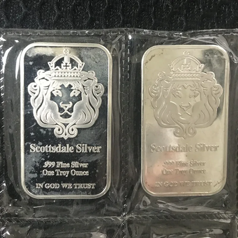 50 pcs Non magnetic Scottsdale silver bullion bar 1 OZ silver plated ingot badge 50 mm x 28 mm Vacuum packing 5 pcs a row bars