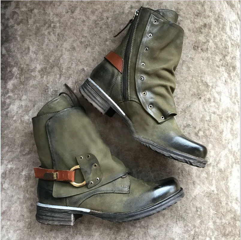 army green Винтажные женские ковбойские ботинки martin с заклепками в стиле панк с круглым носком в западном стиле женские мотоциклетные ботинки из нубука на квадратном каблуке с застежкой-молнией; Размеры 35-43 - Цвет: army green