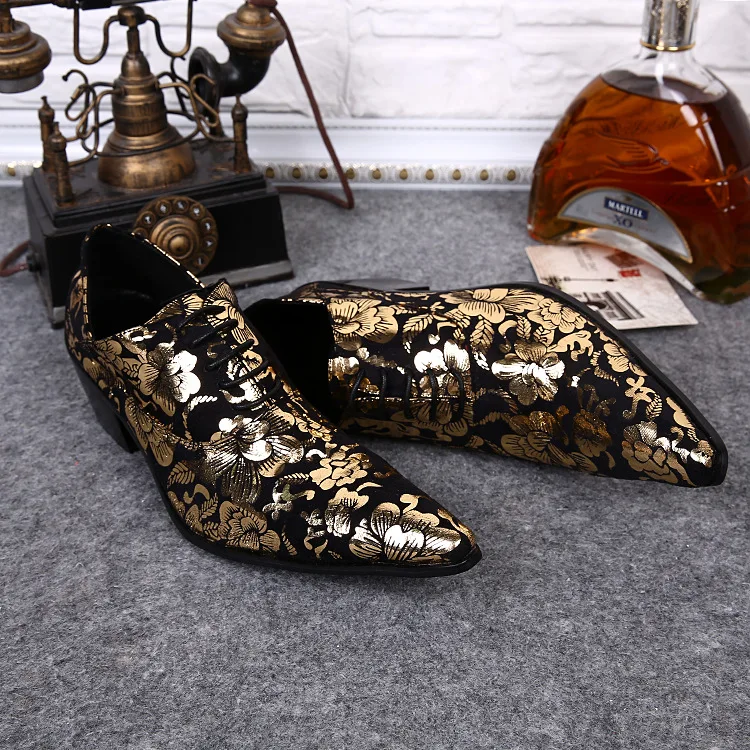 New Vintage Floral Men Dress Wedding Party Shoes Black Genuine Leather Invisibly Heightening Increasing Yellow Mocassim Masculin | Обувь