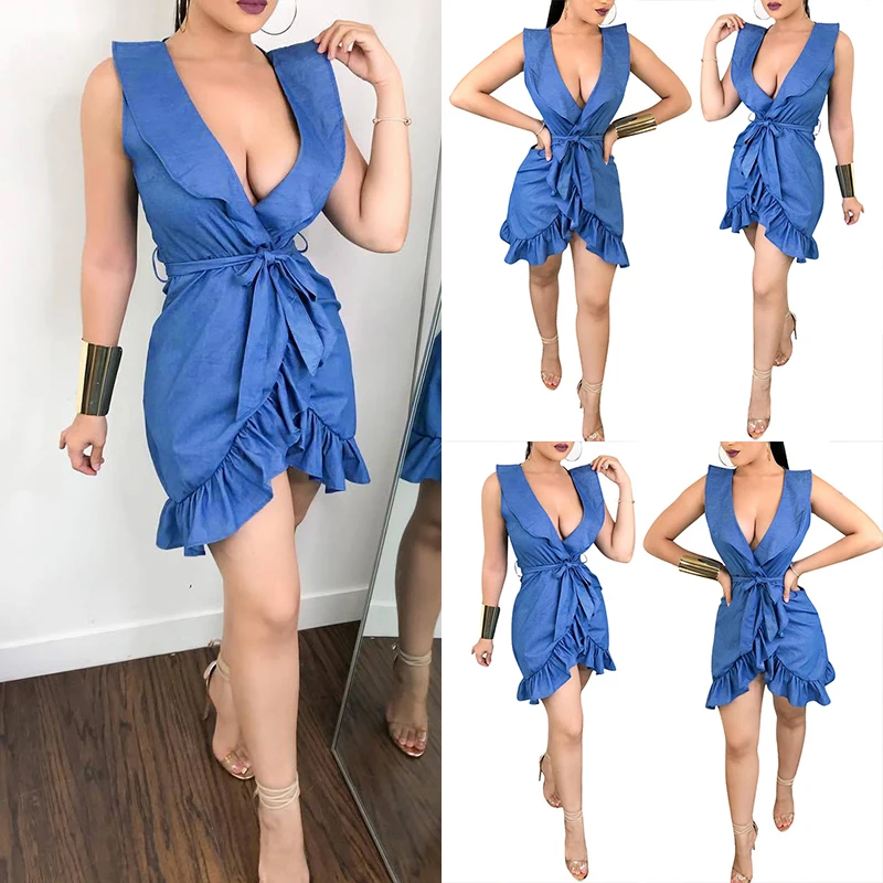 New Women Sexy V-neck Slim Fit Sleeveless Lace-Up Ruffled Summer Evening Party Club Mini Dress | Женская одежда