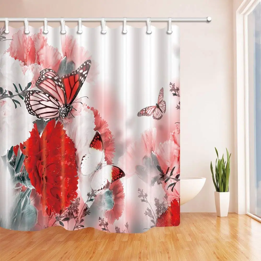 Floral Decor Red Flower with Butterflies for Mothers Day Gift Shower Curtain Polyester Fabric Bathroom Decorations Bath Curtains | Дом и сад