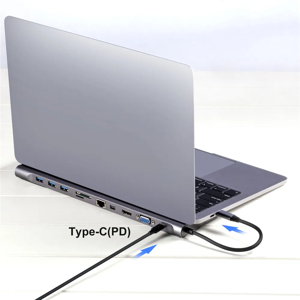 Алюминиевый 11 в 1 док-станция для ноутбука Type-C до USB3.0 TF HDMI VGA RJ45 Мини DP адаптер MacBook